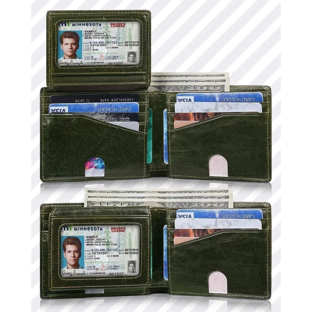 Men's Classic Bifold Wallet Card Green Style Genuine Leather 2 Cash Pockets